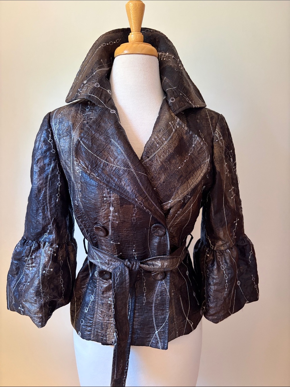 Brown Metallic Belted Trench Coat with Puff Sleeves